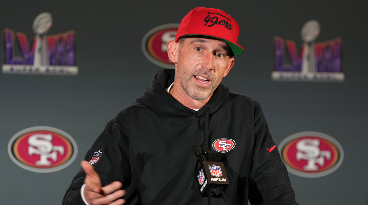 49ers head coach Kyle Shanahan at a press conference before Super Bowl LVIII